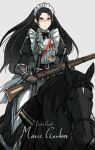  1girl apron asterisk_kome black_hair bolt_action character_name english_text gloves gun highres horse horseback_riding lee-enfield long_hair maid maid_apron maid_headdress medal original riding rifle sheath sheathed sword weapon white_background 