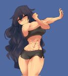  1girl abs black_hair blue_background centurii-chan_(artist) clenched_hand closed_eyes english_commentary highres long_hair messy_hair muscular muscular_female original shorts simple_background smile solo sports_bra stretch very_long_hair 