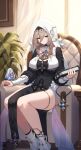  1girl aponia_(honkai_impact) bangs black_dress blue_eyes blush book breast_curtains breasts chair dress hair_between_eyes highres honkai_(series) honkai_impact_3rd large_breasts light_brown_hair long_bangs long_hair long_sleeves looking_at_viewer pelvic_curtain raijuu_(bakanara) sitting smile solo thigh_strap veil 