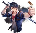  achan_(blue_semi) bangs blue_coat blue_eyes blue_hair closed_mouth coat coin dog_tags earrings eiyuu_densetsu fur_collar jewelry kuro_no_kiseki red_shirt shirt sleeves_rolled_up spiked_hair sword vest weapon white_vest 