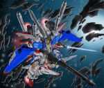  beam_saber don_allan_figueroa ex-s_gundam flying green_eyes gun gundam gundam_sentinel highres holding holding_gun holding_sword holding_weapon mecha mobile_suit science_fiction solo space sword v-fin watermark weapon 