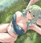  1girl armpits blush braid braided_bangs branch breasts ceres_fauna cleavage grass green_hair highres hololive hololive_english huge_breasts long_hair moisture_(chichi) mole mole_under_eye nail_polish navel smile sweat thick_thighs thighs virtual_youtuber wet yellow_eyes 