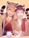  2022 2boys animal_ear_fluff animal_ears bangs black_hair blush brown_background brown_hair brown_jacket closed_eyes cropped_torso danganronpa:_trigger_happy_havoc danganronpa_(series) facing_viewer fangs hand_on_another&#039;s_shoulder hand_up happy_new_year highres ishimaru_kiyotaka jacket japanese_clothes kimono multiple_boys nearzan oowada_mondo outline pompadour red_scarf scarf shiny shiny_hair short_hair tail teeth tiger_boy tiger_ears tiger_tail upper_teeth white_outline 