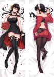  1girl ass back_cutout bed_sheet black_hair black_legwear bouquet breasts brown_legwear cleavage closed_mouth clothes_pull clothing_cutout dagger dakimakura_(medium) dress floral_print flower holding holding_dagger holding_weapon knife large_breasts lying moeanime multiple_views no_shoes off-shoulder_dress off-shoulder_sweater off_shoulder on_back on_stomach panties panties_under_pantyhose pantyhose parted_lips petals red_eyes red_flower red_rose red_sweater rose rose_petals rose_print spy_x_family stiletto_(weapon) sweater sweater_pull thighhighs two-sided_dress two-sided_fabric underwear weapon yor_briar 