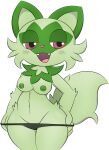  absurd_res anthro big_breasts breasts clothed clothing female green_body hi_res looking_at_viewer mostly_nude nintendo open_mouth partially_clothed pok&eacute;mon pok&eacute;mon_(species) pok&eacute;morph solo sprigatito thick_thighs underwear underwear_down video_games zinnyz 