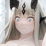  1girl arknights bangs blunt_bangs breast_grab collarbone commentary english_commentary eyebrows_visible_through_hair grabbing grey_background grey_hair horns indoors krirk long_hair portrait reed_(arknights) solo 