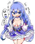  1girl :3 :d ahoge belt blue_dress blue_eyes blue_hair braid breasts collarbone commentary_request dress eyebrows_visible_through_hair gloves kanikama looking_at_viewer nijisanji small_breasts smile solo speech_bubble translation_request twin_braids virtual_youtuber white_gloves yuuki_chihiro 