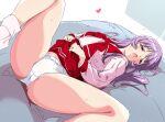  1girl ass bed blush cameltoe clothes_lift flashing heart highres himekawa_kotone knee_up legs lifted_by_self long_hair looking_at_viewer lying m_legs on_back open_mouth panties pink_shirt purple_eyes purple_hair red_skirt school_uniform serafuku shirt skirt skirt_lift socks solo spread_legs thighs to_heart umanosuke underwear white_panties 