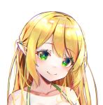  1girl bare_shoulders blonde_hair closed_mouth collarbone commentary_request green_eyes hair_bobbles hair_ornament halterneck han_(hehuihuihui) long_hair looking_at_viewer original pointy_ears simple_background smile solo upper_body white_background 