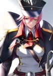  1girl azur_lane bangs banned_artist black_cape black_headwear blue_eyes breasts cape cloak closed_mouth commentary cross eyebrows_visible_through_hair hat highres holstered_weapon iron_cross lips long_hair looking_at_viewer medium_breasts military military_hat military_uniform mior necktie one_eye_closed peaked_cap pink_hair red_necktie revision seydlitz_(azur_lane) solo sword uniform upper_body weapon white_background 