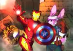  absurd_res armor captain_america clothing costume duo felid fluffybardo hi_res iron_man lagomorph leporid mammal marvel pantherine rabbit shield tiger 