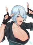  1girl angel_(kof) blue_eyes bra breasts cropped_jacket fang finger_horns fingerless_gloves gloves hair_over_one_eye index_fingers_raised jacket large_breasts leather leather_jacket looking_at_viewer open_mouth ougi_leo snk solo strapless strapless_bra the_king_of_fighters the_king_of_fighters_xiv the_king_of_fighters_xv underwear white_hair 