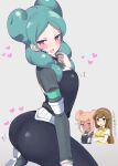  3girls :d aqua_hair armband ass ass_focus beta_(inazuma_eleven) blush double_bun from_side highres inazuma_eleven_go_chrono_stone long_hair looking_at_viewer matachin_(matatin_cream) multiple_girls nanobana_kinako no_pupils orca_(inazuma_eleven) protocol_omega purple_eyes skin_tight smile solo_focus squatting twisted_torso 