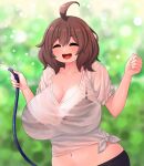  1girl ahoge bangs black_bra blurry blurry_background blush borrowed_character bra bra_visible_through_clothes breasts brown_hair cleavage closed_eyes hands_up highres hose huge_breasts insomnia-chan medium_hair midriff navel open_mouth original shadow shirt smile solo the_only_shoe tied_shirt underwear upper_body white_shirt 