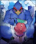  avian big_penis bird blue_body blush bodily_fluids building building_penetration building_sex city cygni destruction erection falco_lombardi genital_fluids genitals groan hi_res macro masturbation nintendo penetration penis penis_grab precum smoke star_fox video_games 