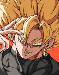  1boy bangs black_shirt black_undershirt blonde_hair commentary_request dougi dragon_ball dragon_ball_super earrings glowing glowing_eyes goku_black green_eyes grin highres jewelry looking_at_viewer male_focus muscular muscular_male potara_earrings red_background ring shirt simple_background smile solo spiked_hair super_saiyan super_saiyan_1 tarosi v-shaped_eyebrows 