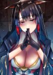  1girl akagi_(azur_lane) animal_ears azur_lane black_coat black_gloves black_hair breasts cleavage coat fox_girl gloves highres kura-r9-45 large_breasts long_hair looking_at_viewer metal_belt red_eyes sakuramon solo upper_body wide_sleeves yandere 