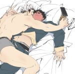  2boys akaashi_keiji bed black_hair black_male_underwear blue_pants blue_shirt blush bokuto_koutarou briefs calvin_klein closed_eyes embarrassed full-face_blush glasses grey_male_underwear haikyuu!! jtdbyhra2022 large_pectorals lying lying_on_person male_focus male_underwear male_underwear_peek multicolored_hair multiple_boys muscular muscular_male on_back on_bed on_person pants pectorals phone pillow shirt short_hair thighs two-tone_hair underwear white_hair yaoi 