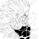  1boy bare_shoulders bodysuit commentary_request dragon_ball dragon_ball_z electricity facial_mark forehead_mark gloves hatching_(texture) long_hair looking_at_viewer majin_vegeta monochrome no_eyebrows outstretched_arm outstretched_hand simple_background smirk solo spiked_hair super_saiyan super_saiyan_3 taaa vegeta veins 