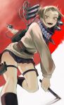  1girl absurdres bags_under_eyes blonde_hair blood blood_on_knife blood_on_weapon blush boku_no_hero_academia coat double_bun fangs fengling_(furin-jp) from_below highres kneehighs knees knife leaning_forward legs long_sleeves looking_at_viewer messy_hair miniskirt needle open_mouth red_background school_uniform simple_background skirt slit_pupils socks solo thighs toga_himiko weapon white_background yellow_eyes 