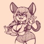  anthro bottomwear bra breasts bulge cleavage clothed clothing domestic_cat eyewear fangs felid feline felis gesture glasses gynomorph hi_res humanoid intersex mammal navel necktie purple_eyes short_stack shorts smile solo stunnerpony tuxie underwear v_sign 