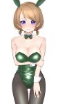  1girl absurdres animal_ears ass_visible_through_thighs bangs black_legwear bow bowtie breasts brown_hair cleavage commentary_request detached_collar green_bow green_bowtie green_leotard highres koizumi_hanayo leotard looking_at_viewer love_live! low_twintails medium_breasts pantyhose playboy_bunny purple_eyes rabbit_ears short_hair simple_background solo strapless strapless_leotard sudou_(s7_d8) thigh_gap twintails white_background wrist_cuffs 