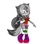 anthro bottomwear canid canine canis clothing fan_character female footwear fur green_clothing green_footwear green_socks grey_body grey_fur mammal pink_bottomwear pink_clothing pink_shorts purple_clothing purple_footwear purple_shoes red_clothing red_shirt red_tank_top red_topwear sega shirt shoes shorts socks solo sonic_the_hedgehog_(series) tank_top topwear wolf 