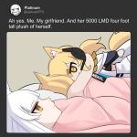  2girls 500_dollar_four_foot_tall_mareep_(meme) arknights blonde_hair character_doll character_name clothes_writing dress headset lying meme multiple_girls nearl_(arknights) nearl_the_radiant_knight_(arknights) object_hug official_alternate_costume on_back on_side platinum_(arknights) supershrimpcakes thick_eyebrows twitter under_covers white_dress white_hair yellow_eyes yuri 
