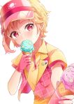  1boy blonde_hair ensemble_stars! food foreshortening hair_between_eyes highres holding holding_food holding_ice_cream ice_cream looking_at_viewer male_focus nito_nazuna red_eyes rinkarinne short_hair simple_background solo visor_cap 