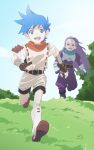  2boys blue_eyes blue_hair breath_of_fire breath_of_fire_iii cloud fingerless_gloves full_body gloves grass highres long_hair looking_at_viewer male_focus multiple_boys nori_(norimakigumo) open_mouth ryuu_(breath_of_fire_iii) smile teepo wind 