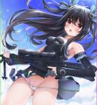  1girl :o ass_visible_through_thighs black_dress black_hair blush bow bow_panties breasts cameltoe clothes_lift cowboy_shot dress dress_lift elbow_gloves embarrassed fingerless_gloves giga-tera gloves groin gun hair_ribbon holding holding_gun holding_weapon long_hair looking_at_viewer neptune_(series) panties red_eyes ribbon rifle small_breasts sniper_rifle solo strapless strapless_dress striped striped_panties surprised two_side_up undersized_clothes underwear uni_(neptune_series) upskirt weapon white_panties wind wind_lift 