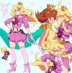  1boy 2girls ;d ?_block absurdres blonde_hair blue_eyes breasts cosplay crown english_commentary english_text full_body gurepyon guts_(kill_la_kill) highres junketsu kill_la_kill lightning_bolt_symbol mario mario_(cosplay) mario_(series) matoi_ryuuko medium_breasts miniskirt multiple_girls one_eye_closed pink_footwear pink_legwear pink_skirt princess_daisy princess_peach scissor_blade senketsu skirt smile standing thighhighs 