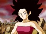 1990s_(style) 1girl animeajay bad_id bad_twitter_id black_eyes black_hair breasts caulifla closed_mouth collarbone derivative_work dragon_ball dragon_ball_super editor-san_(totallynotmark) english_commentary muscular muscular_female outdoors pink_tube_top raised_eyebrow retro_artstyle rubble ruins screencap_redraw short_hair solo spiked_hair strapless sweatdrop tube_top 