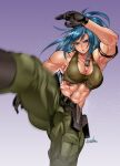  1girl abs biceps bowalia breasts cargo_pants earrings fighting_stance gloves jewelry large_breasts leona_heidern muscular muscular_female obliques pants signature tank_top the_king_of_fighters thick_thighs thighs toned triangle_earrings 
