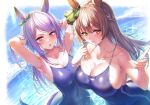  2girls absurdres animal_ears armpits arms_up bangs bare_shoulders blue_swimsuit blush breasts brown_hair cleavage cloud collared_shirt day ear_bow halterneck hands_in_hair highres horizon horse_ears horse_girl horse_tail huge_breasts long_hair looking_at_viewer medium_breasts mejiro_mcqueen_(umamusume) multiple_girls one-piece_swimsuit open_mouth outdoors purple_eyes purple_hair satono_diamond_(umamusume) school_swimsuit shirt smile sunlight swimsuit tail togami_(tobysou526) umamusume upper_body v-shaped_eyebrows wet wet_hair yellow_eyes 