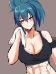 1girl abs armlet bare_shoulders black_tank_top blue_eyes blue_hair blush breasts closed_mouth edboy highres large_breasts leona_heidern muscular muscular_female pony sleeveless solo sweat sweatdrop sweaty_clothes tank_top the_king_of_fighters the_king_of_fighters_xv wiping_sweat 
