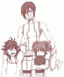  2boys artist_request bad_haro brother_and_sister brothers gundam gundam_00 haro johann_trinity lowres michael_trinity monochrome multiple_boys nena_trinity red siblings two_side_up 