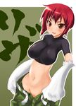  babydoll_t-shirt blush breasts cargo_pants crop_top imazon kaibutsu_oujo large_breasts midriff navel pants pussy red_hair riza_wildman short_hair smile solo translated unzipped yellow_eyes 