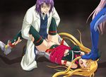  2girls bdsm blonde_hair blue_bodysuit bodysuit bondage bound breasts censored closed_eyes covered_nipples cum cyclone fate_testarossa hetero jail_scaglietti labcoat long_hair lyrical_nanoha mahou_shoujo_lyrical_nanoha_strikers medium_breasts mosaic_censoring multiple_girls numbers'_uniform numbers_(nanoha) penis rape sette_(nanoha) sex thighhighs torn_clothes twintails vaginal 