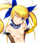  after_sex asaki_yuki blonde_hair blue_eyes blush bunny choker cum cum_on_body cum_on_hair cum_on_upper_body elbow_gloves facial flat_chest fur_trim gloves gunbird hair_ribbon head_tilt long_hair marion nude one_eye_closed pom_poms ribbon simple_background smile solo twintails upper_body 