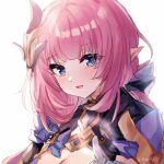  1girl :d bangs blue_eyes breasts cleavage close-up elf elysia_(honkai_impact) guzangnanfeng hair_ornament highres honkai_(series) honkai_impact_3rd long_hair looking_at_viewer open_mouth pink_hair pointy_ears ponytail simple_background smile solo white_background 