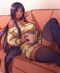  1girl absurdres ayanobro bangs black_hair book breasts couch dark-skinned_female dark_skin facepaint fate_(series) green_eyes highres huge_breasts lips long_hair lying off-shoulder_sweater off_shoulder parted_bangs pillow reading scheherazade_(fate) solo sweater thick_thighs thighhighs thighs zettai_ryouiki 