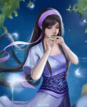  1girl absurdres black_hair bug butterfly chinese_clothes ding_ju_biao duanmu_rong_(qin_shi_ming_yue) glowing_butterfly hairband highres leaf long_hair looking_down qin_shi_ming_yue ripples sash short_sleeves solo upper_body water 