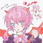  0214_sakana 1boy amemura_ramuda bangs blue_eyes dated demon_boy demon_horns demon_wings halloween heart_on_cheek highres horns hypnosis_mic jack-o&#039;-lantern open_mouth pink_hair portrait shirt short_hair sidelocks white_background white_shirt wings 