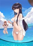  2girls absurdres bangle bangs bikini black_eyes blunt_bangs blush bracelet breasts brown_hair chinese_commentary cleavage cloud commentary_request deadpan frilled_bikini frills heart heart-shaped_pupils highres jewelry komi-san_wa_komyushou_desu komi_shouko long_hair medium_breasts multiple_girls ocean open_clothes open_mouth open_shirt partially_submerged phone pose purple_hair serious shirt side-tie_bikini sky string_bikini swimsuit symbol-shaped_pupils taking_picture v white_bikini white_shirt wish-tf yamai_ren 