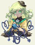  1girl :d black_headwear blue_shirt bright_pupils chamaruku character_name clothes_writing commentary cropped_torso eyebrows_behind_hair fingernails floating_hair flower frilled_sleeves frills green_eyes green_hair green_nails grey_background hat heart heart_of_string highres holding komeiji_koishi long_hair long_sleeves looking_at_viewer mini_hat nail_polish shirt simple_background smile solo third_eye touhou upper_body white_flower wide_sleeves yellow_shirt 