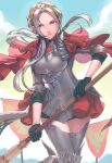  1girl alternate_costume alternate_hairstyle armor axe cape closed_mouth edelgard_von_hresvelg fire_emblem fire_emblem:_three_houses fire_emblem_warriors fire_emblem_warriors:_three_hopes flag gloves hair_ornament hair_ribbon highres long_hair long_sleeves looking_at_viewer official_alternate_costume official_alternate_hairstyle purple_eyes radiostarkiller red_cape ribbon simple_background solo weapon white_hair 