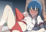  1girl absurdres ball bangs basketball blue_hair blush breasts bural_chingu buruma commentary_request dark_blue_hair eyebrows_visible_through_hair feet_out_of_frame glasses gym_shirt gym_storeroom gym_uniform hair_between_eyes highres ju_hyeon-mi long_hair looking_at_viewer luke_(dydansgur) midriff navel nose_blush open_mouth puffy_short_sleeves puffy_sleeves red_buruma shirt short_sleeves small_breasts socks solo spread_legs tennis_ball thighs traffic_cone v-shaped_eyebrows vaulting_horse white_legwear white_shirt yellow_eyes 