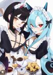  2girls :p anntan bangs black_hair blue_hair blue_tongue blunt_bangs bow breasts brown_eyes chain character_request cleavage collar colored_tongue commentary commission demon_girl demon_horns demon_tail english_commentary hair_between_eyes highres holding holding_tray horns indie_virtual_youtuber jewelry long_hair looking_at_viewer maid maid_headdress medium_breasts multicolored_hair multiple_girls necklace purple_hair rainhoe red_eyes short_hair short_sleeves simple_background tail tongue tongue_out tray two-tone_hair virtual_youtuber white_background 