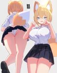  1girl animal_ears black_skirt blonde_hair blue_eyes breasts butt_crack dress_shirt fox_ears fox_girl fox_tail from_behind from_below grey_background hands_up highres large_breasts looking_at_viewer mamuru microskirt multiple_views open_mouth original panties paw_pose pleated_skirt shirt shoes short_hair simple_background skirt solo tail thighs underwear white_panties white_shirt 